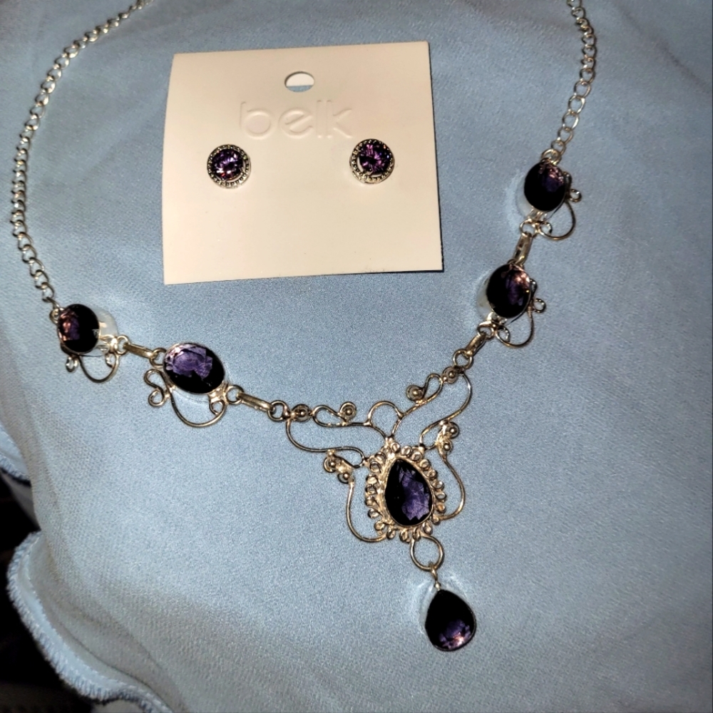 Genuine solid sterling silver amethyst artisan crafted necklace w/ earrings NWT
